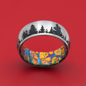 Titanium and Pine Tree Design Band With Dichrolam Sleeve Ring Custom Made Band