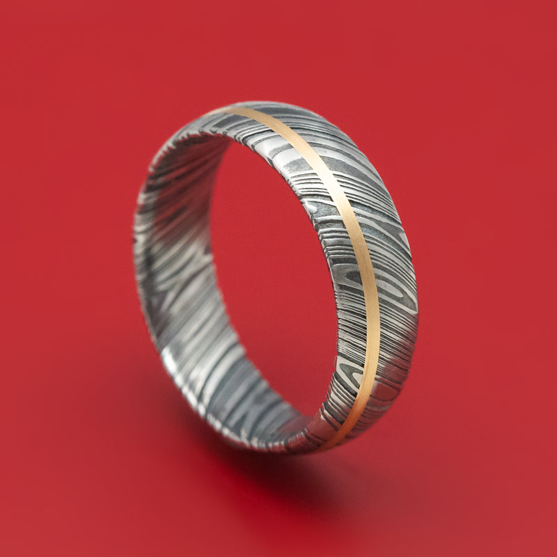 Kuro Damascus Steel Ring And 14k Gold Wedding Band Genuine Craftsmanship Custom Made