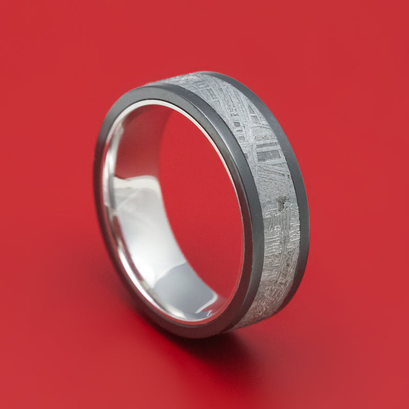 Black Zirconium Ring with Meteorite Inlay and Cobalt Chrome Sleeve