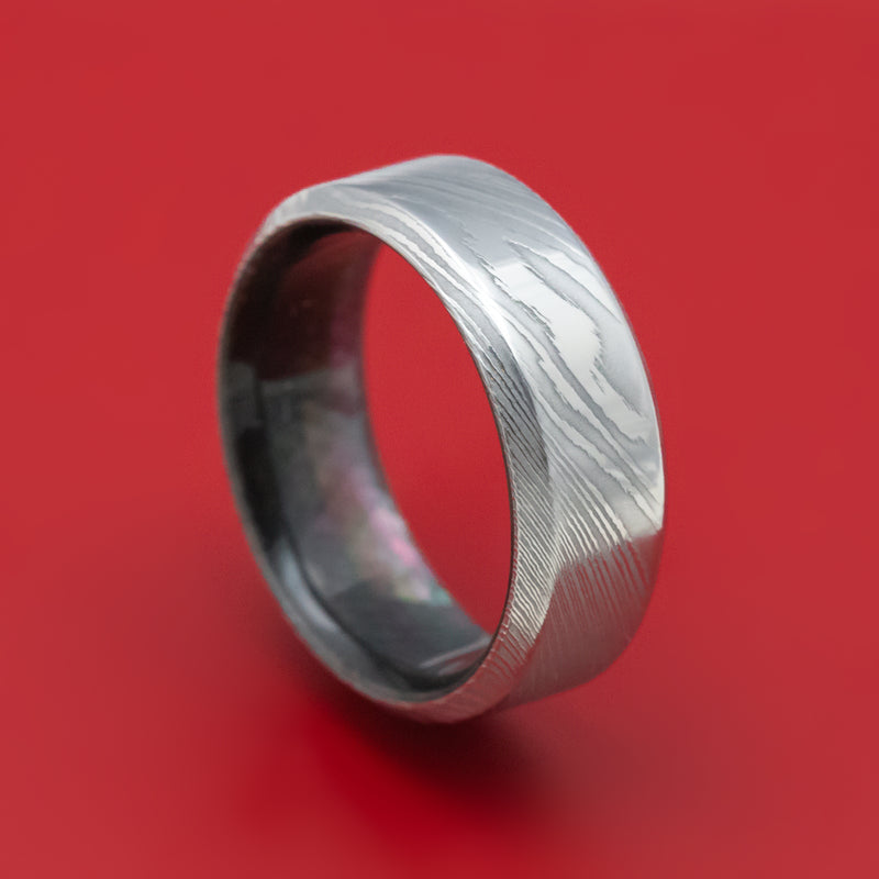 Damascus Steel and Black Mother of Pearl Ring Custom Made Band