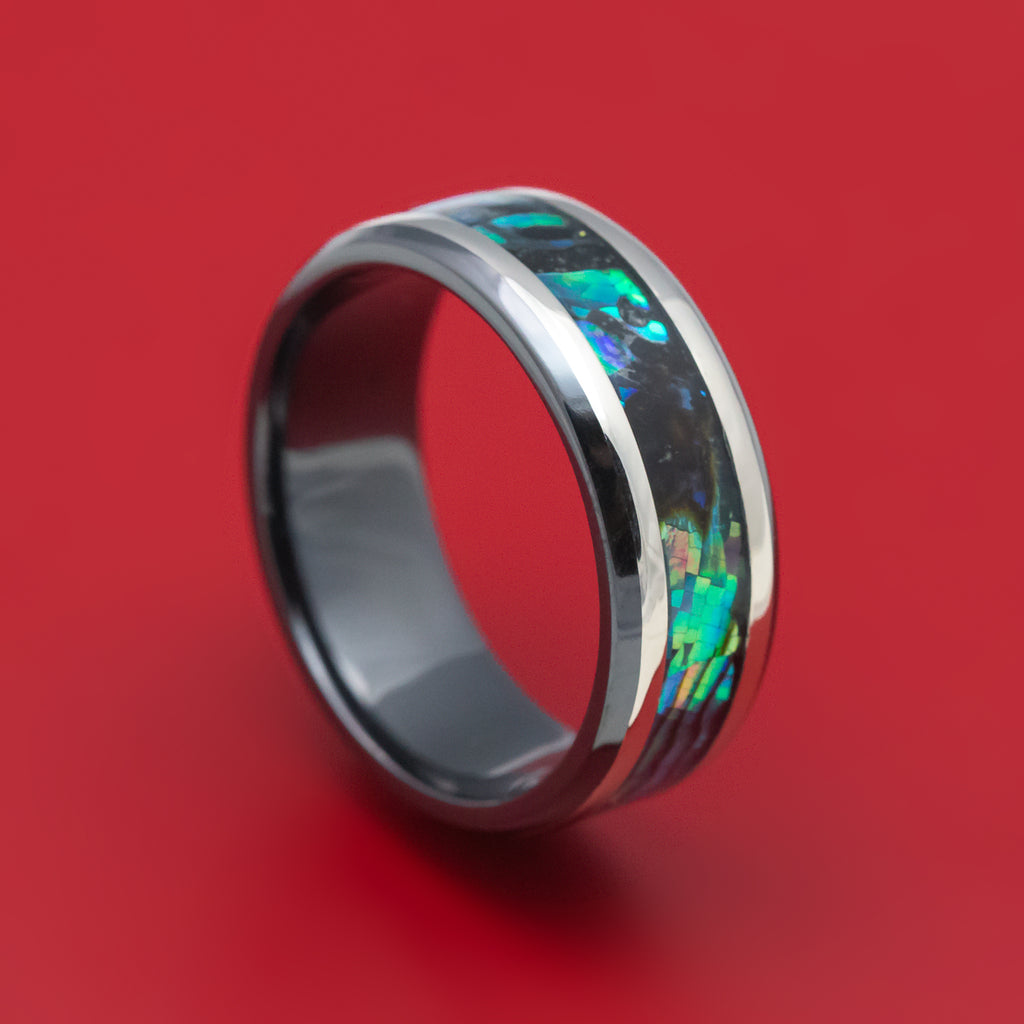 Black Zirconium Ring with Silver and Abalone Inlays Custom Made Band