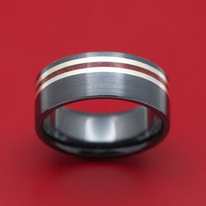 Black Zirconium Ring with Silver and Coral Inlays Custom Made Band