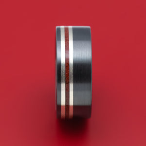 Black Zirconium Ring with Silver and Coral Inlays Custom Made Band