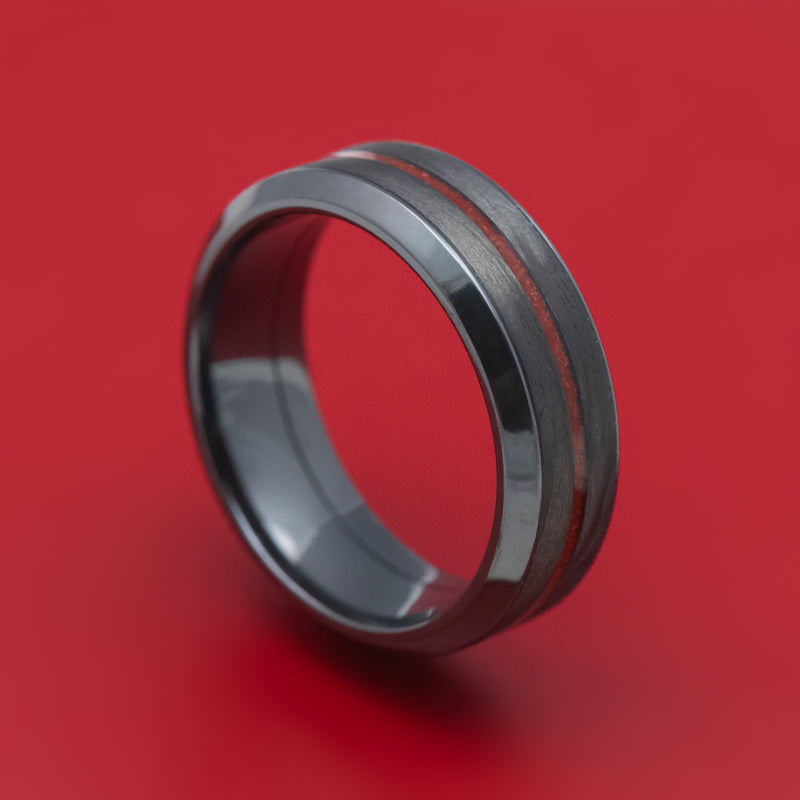 Black Zirconium Ring with Forged Carbon Fiber and Coral Inlays Custom Made Band