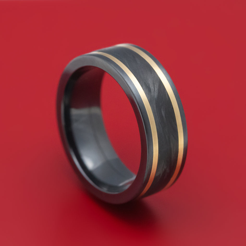Black Zirconium Ring with Forged Carbon Fiber and 14K Gold Inlays Custom Made Band