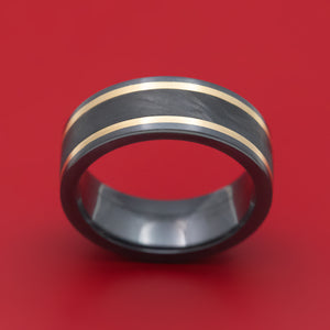 Black Zirconium Ring with Forged Carbon Fiber and 14K Gold Inlays Custom Made Band