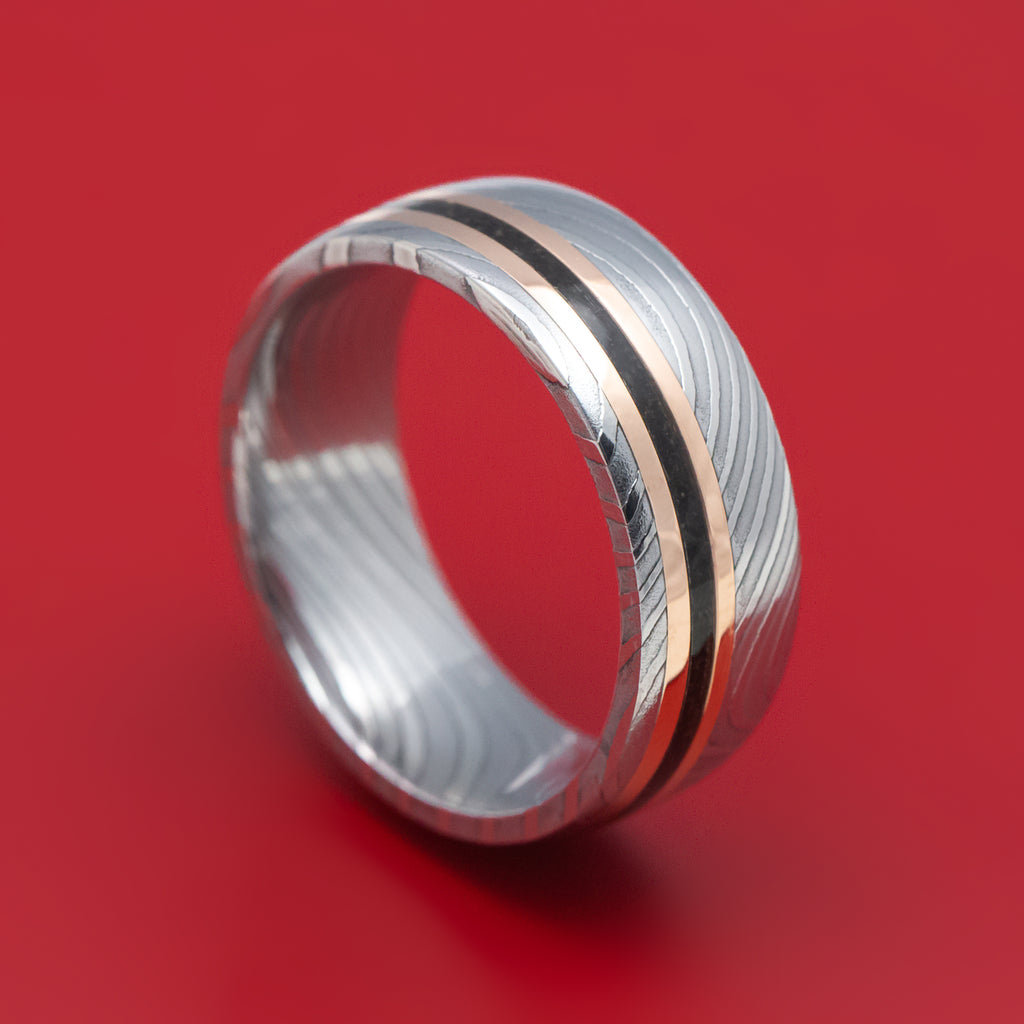 Flat Twist Damascus Steel Ring with 14K Gold and Dinosaur Bone Inlays Custom Made Band