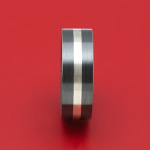 Black Zirconium Ring with Silver Inlay and Black Mother of Pearl Sleeve Custom Made Band