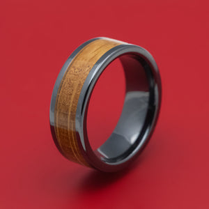 Black Ceramic and Whiskey Barrel Wood Inlay Custom Ring