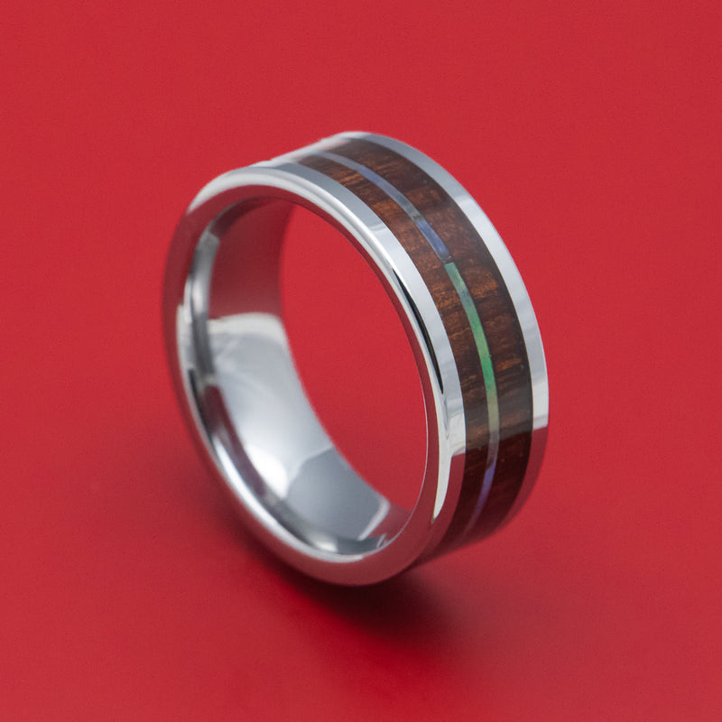 Cobalt Chrome Ring with Koa Wood and Abalone Inlays Custom Made Band