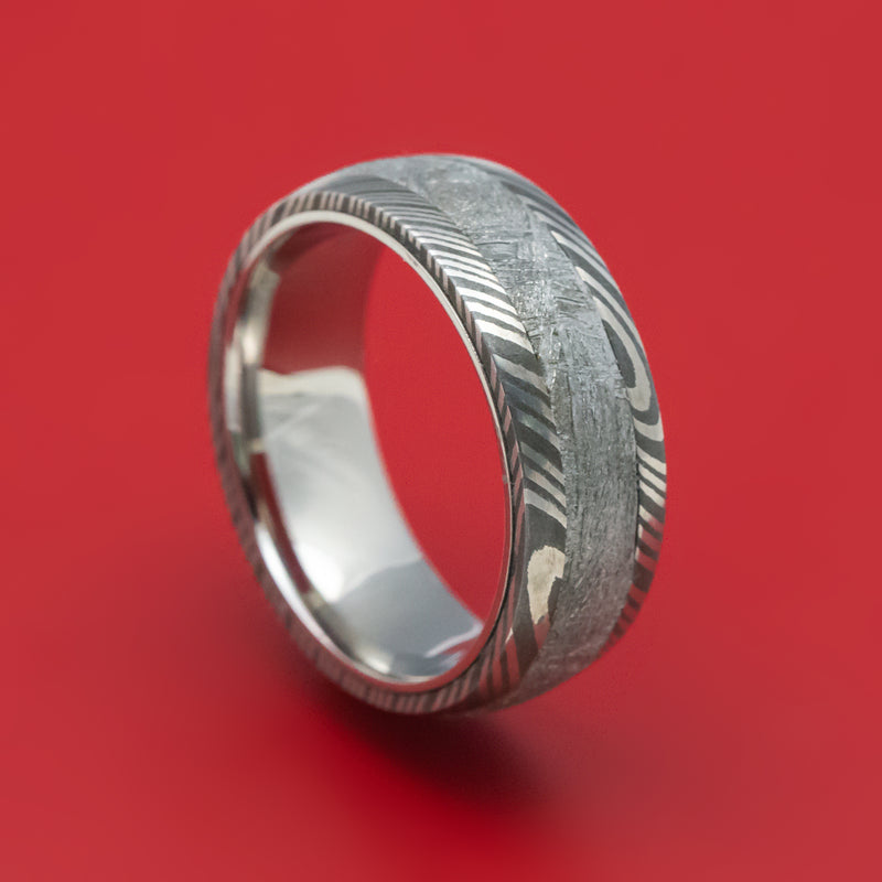 Damascus Steel Men's Ring with Gibeon Meteorite Inlay and Titanium Sleeve Custom Made Band