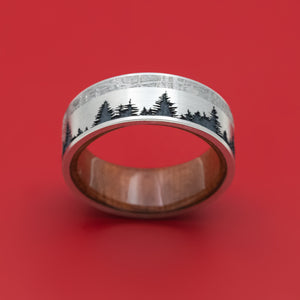 Titanium Men's Ring with Pine Tree Design, Wood Sleeve and Gibeon Meteorite Inlay Custom Made Band