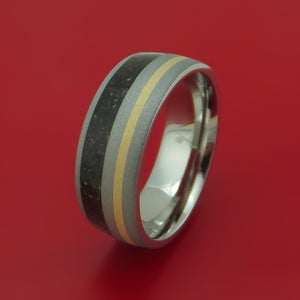 Titanium And Mixed Dinosaur Bone Ring With 14K Yellow Gold Custom Made Fossil Band