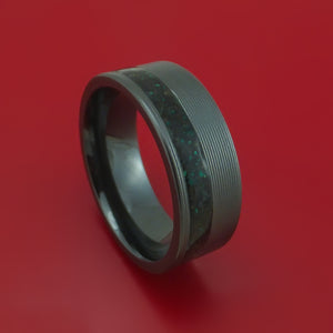 Black Zirconium Ring with Black Dinosaur Bone and Malachite Mixed Mosaic Inlay Custom Made Band