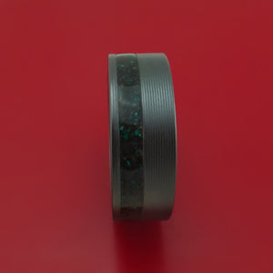 Black Zirconium Ring with Black Dinosaur Bone and Malachite Mixed Mosaic Inlay Custom Made Band