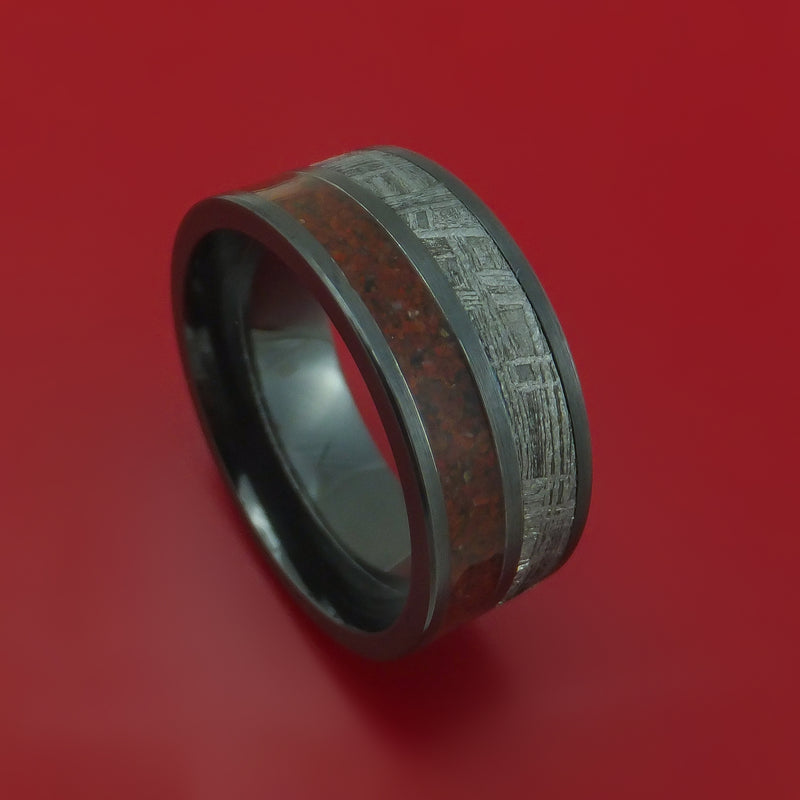 Black Zirconium Ring with Meteorite and Red and Black Dinosaur Bone Mixed Mosaic Inlays Custom Made Band