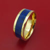 14k Yellow Gold Ring with Lapis and Black Dinosaur Bone Mixed Mosaic Inlay Custom Made Band