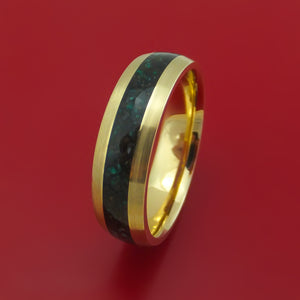 14k Yellow Gold Ring with Black Dinosaur Bone and Malachite Mixed Mosaic Inlay Custom Made Band