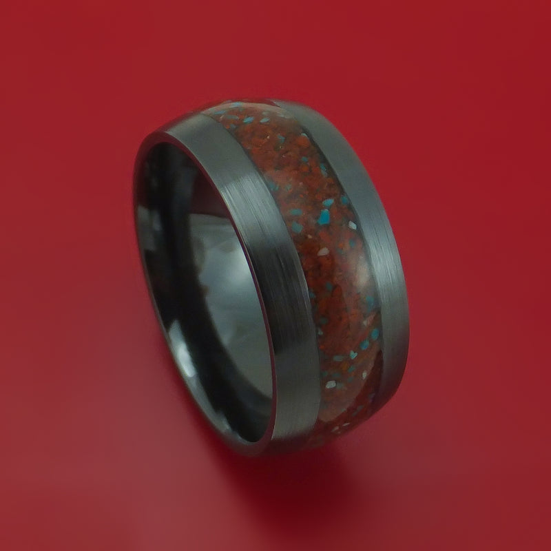 Black Zirconium Ring with Red Dinosaur Bone and Turquoise Mixed Mosaic Inlay Custom Made Band