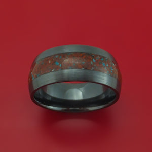 Black Zirconium Ring with Red Dinosaur Bone and Turquoise Mixed Mosaic Inlay Custom Made Band