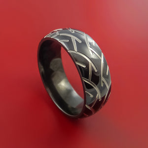 Black Zirconium Ring with Motorcycle Tire Tread Pattern Inlay Custom Made Band