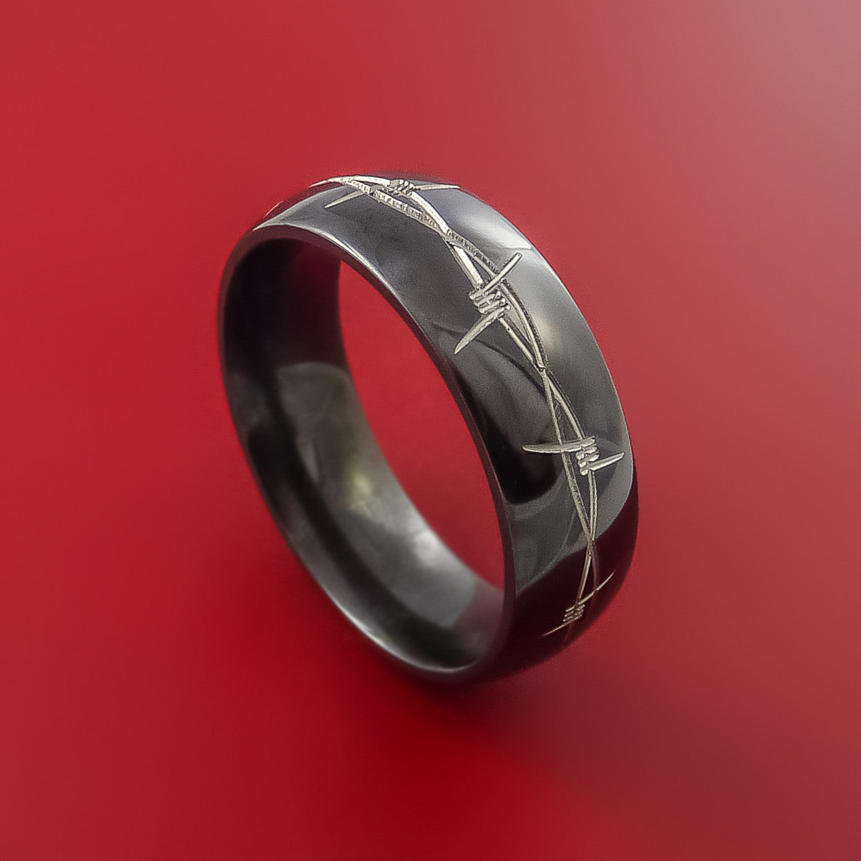 Black Zirconium Ring with Barb Wire Laser-Etched Design Inlay