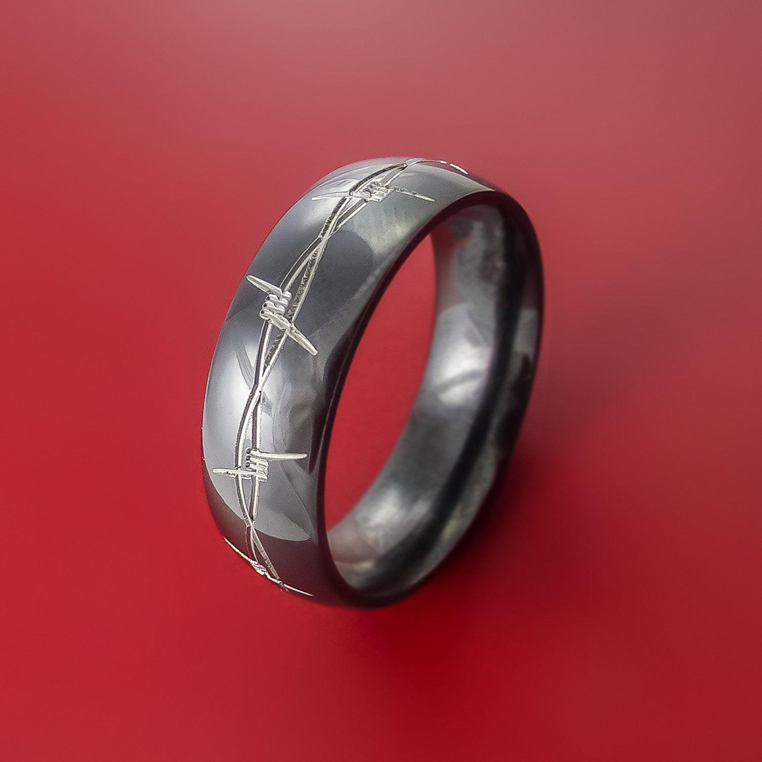 Black Zirconium Ring with Barb Wire Laser-Etched Design Inlay Custom Made  Men's Wedding Band