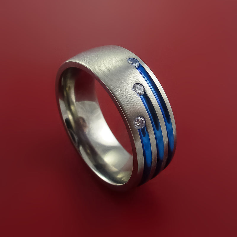 Titanium Ring with Anodized Inlay and Diamonds Custom Made Band