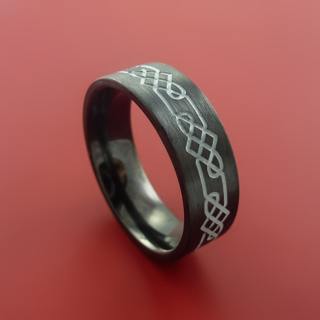 Black Zirconium Ring with Etched Celtic Design and Cerakote Inlays Custom Made Band
