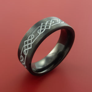 Black Zirconium Ring with Etched Celtic Design and Cerakote Inlays Custom Made Band