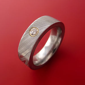 Damascus Steel Band with Diamond Custom Made Ring
