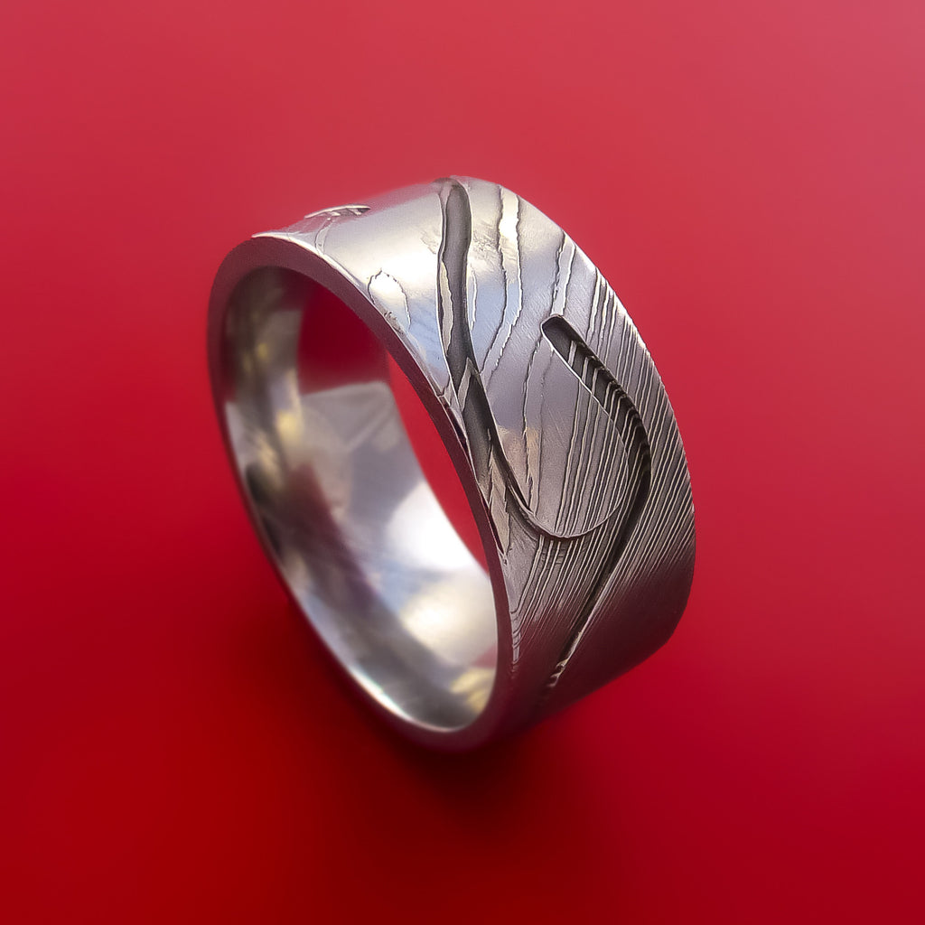 Damascus Steel Band with Wave Design Custom Made Ring