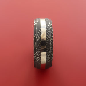 Damascus Steel Ring with 14K White Gold Inlay Custom Made Band