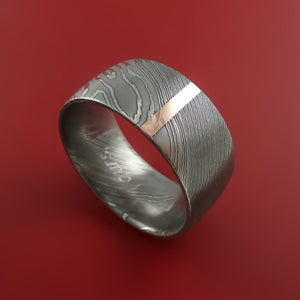 Damascus Steel Ring with 14k Rose Gold Inlay Custom Made Band