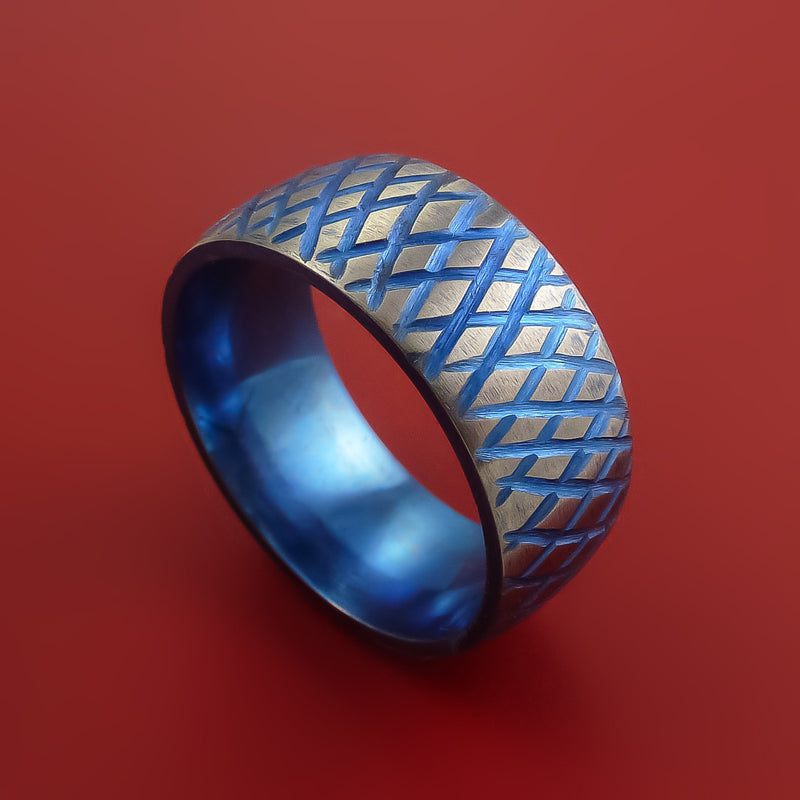 Titanium Reptile Skin Tron Blue Anodized Finish Band Unique and Modern Made Ring