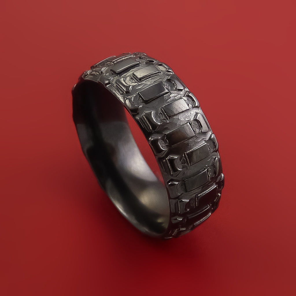 Black Zirconium Ring with Dirt Bike Tire Tread Pattern Inlay Custom Made Band