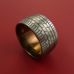 Wide Titanium Ring with Tire Tread Pattern and Anodized Inlays and Interior Anodized Sleeve Custom Made Band