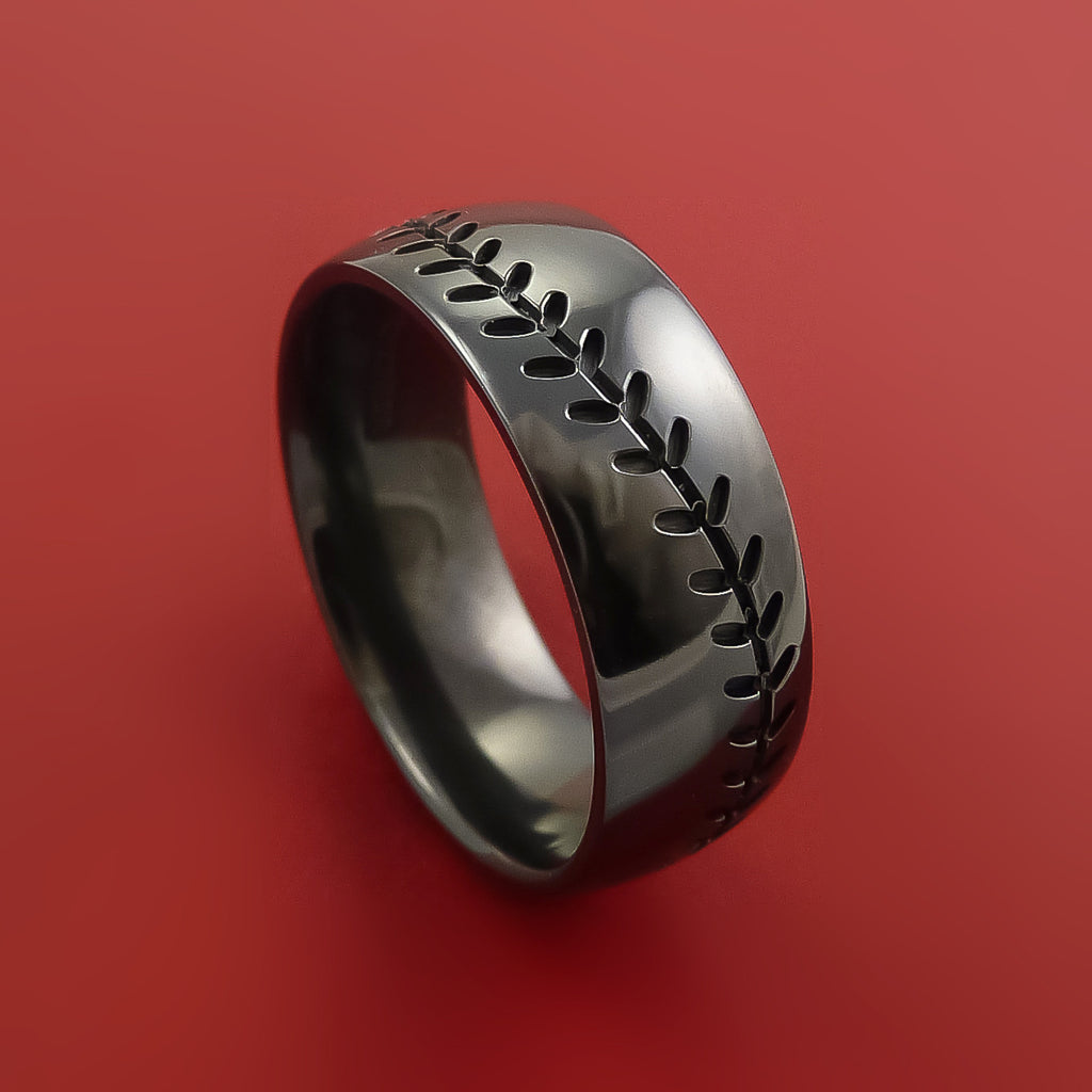 Black Zirconium Ring with Baseball Stitching and Cerakote Inlays Custom Made Band