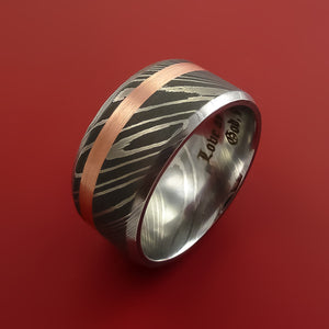 Wide Damascus Steel Ring with 14k Rose Gold Inlay Custom Made Band
