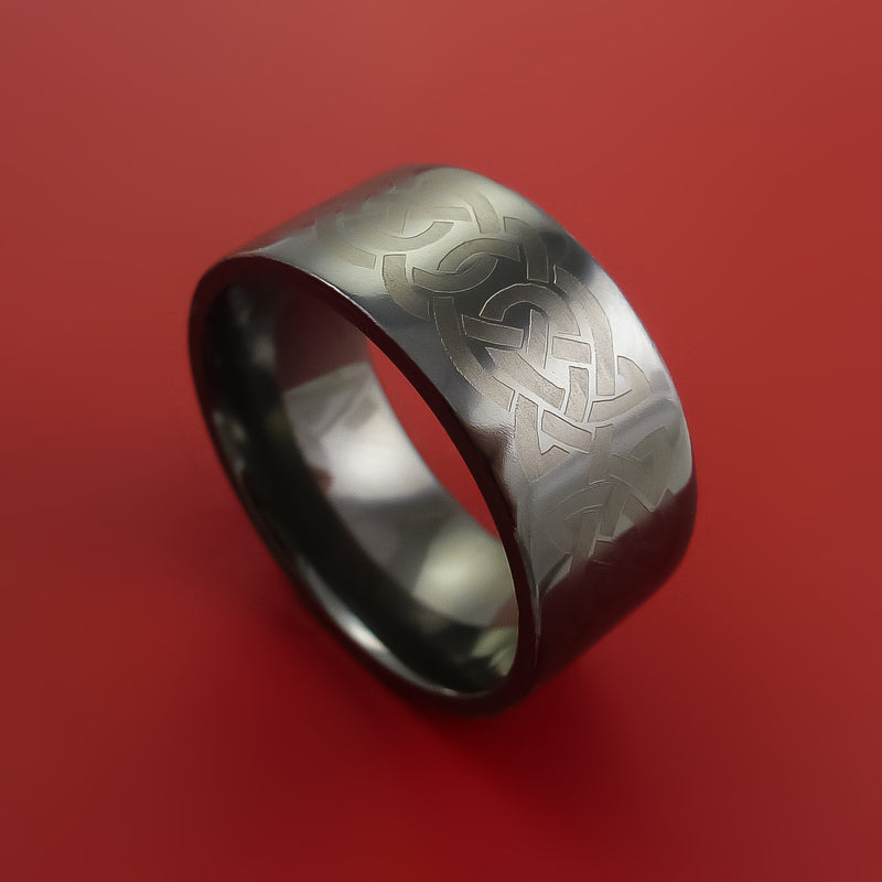 Black Zirconium Ring with Infinity Knot Etched Celtic Design Inlay Custom Made Band