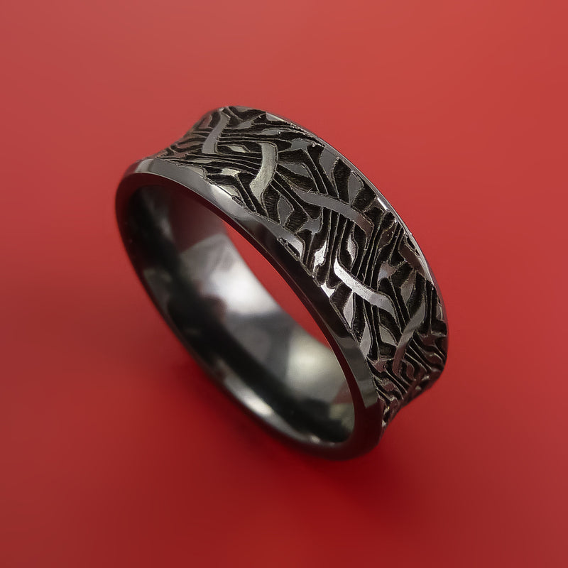 Black Zirconium Ring with Tangle-Twist Laser-Etched Design Inlay Custom Made Band