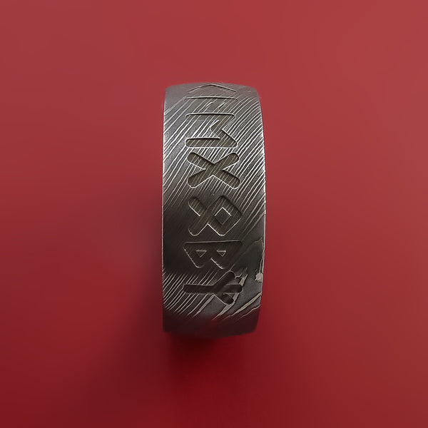 Bizonmark Rings Damascus Steel Ring with Runic Symbol Inlay Custom Made Men's Wedding ...