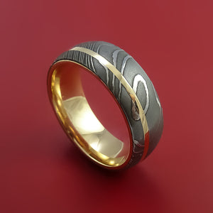 Damascus Steel Ring with 14k Yellow Gold Inlay and Interior 14k Yellow Gold Sleeve Custom Made Band