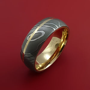 Damascus Steel Ring with 14k Yellow Gold Inlay and Interior 14k Yellow Gold Sleeve Custom Made Band