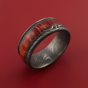 Damascus Steel Ring with Hardwood Inlay Custom Made Band