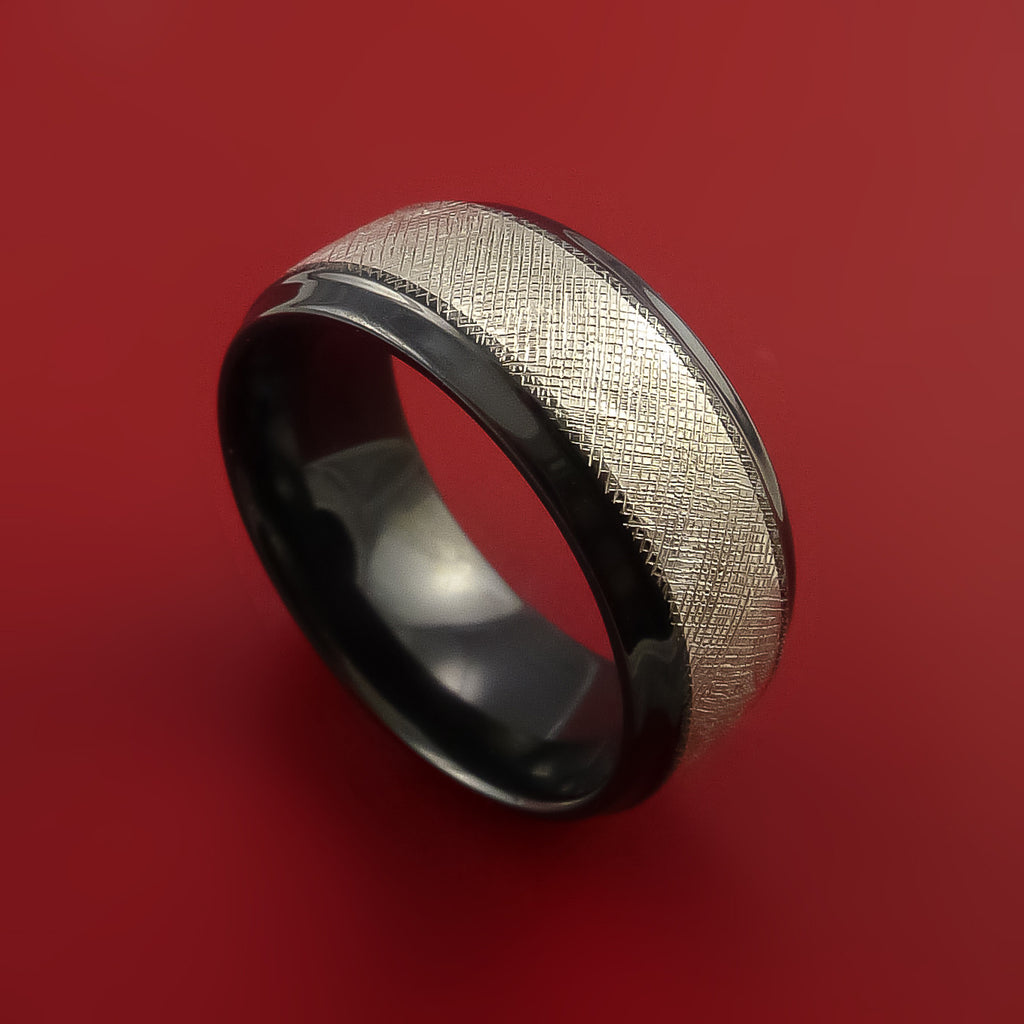 Black Zirconium Ring FLORENTINE textured and Silver Band Made to Any Sizing 3-22