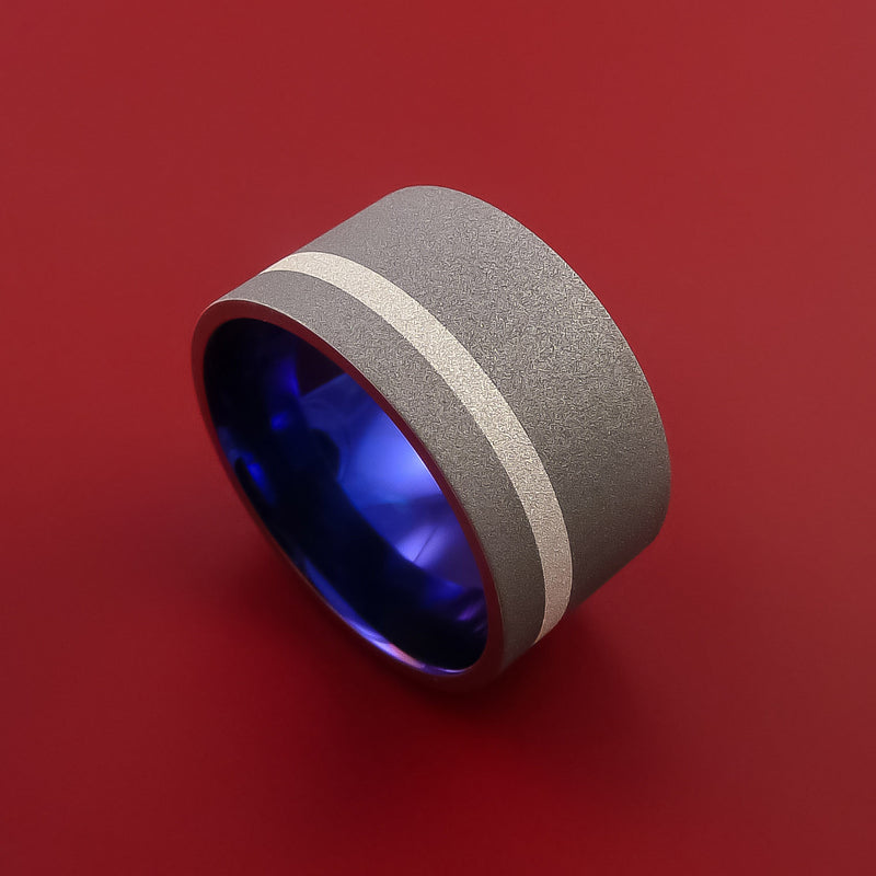 Wide Titanium Anodized Ring Classic Style with Silver Inlay Wedding Band