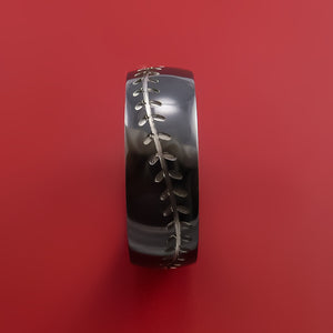 Black Zirconium Ring with Baseball Stitching and Cerakote Inlays Custom Made Band