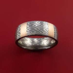 Damascus Steel Ring and 14k Rose Gold Stripe Pattern Wedding Band Zebra Look