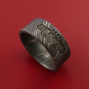 Damascus Steel Ring with Claddagh Milled Celtic Design Inlay Custom Made Band